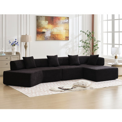 Canapé modulaire en forme de L noir de 140 po avec méridienne, tissu doux, rembourré de mousse, confort de salon modulaire 4 places, 4 sièges, sans assemblage