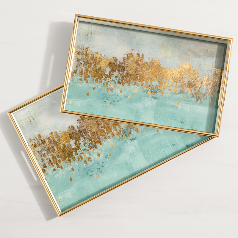 Ensemble de 2 plateaux décoratifs empilables bleus et blancs avec bordure dorée 2 pièces