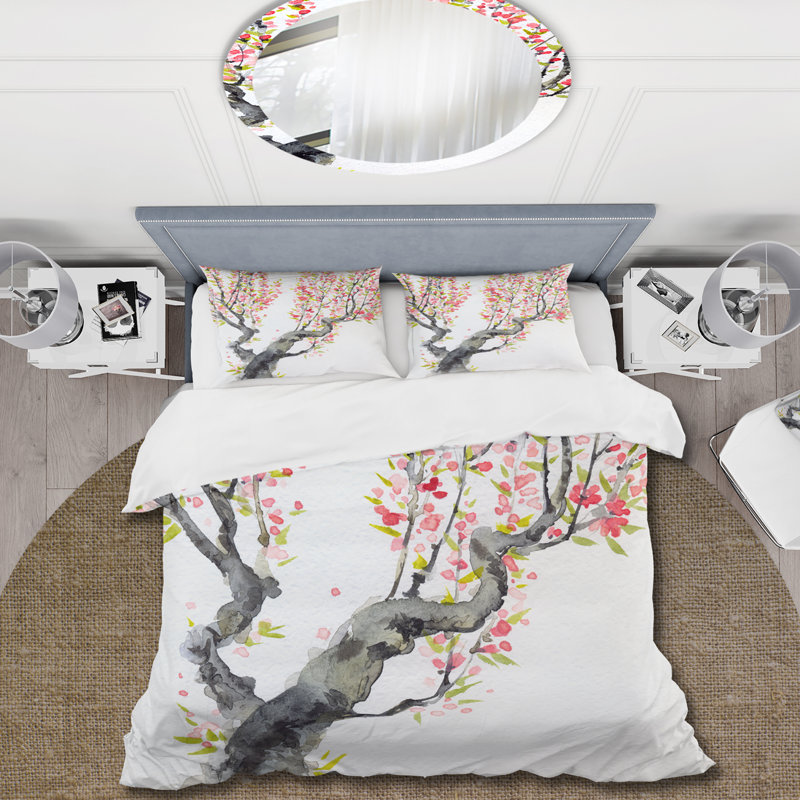 Fleurs de printemps rouges sur des branches d'arbre - Ensemble de housse de couette traditionnel - Microfibre de polyester