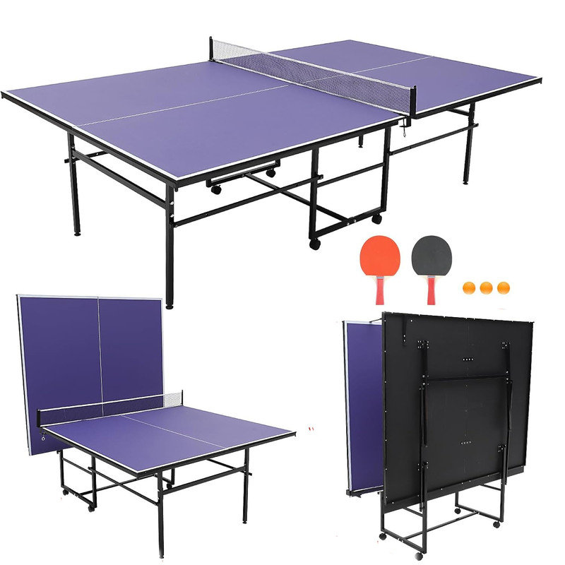 8 FT/9 FT Foldable Portable Table Tennis Table and Balls Set with 4 Wheels, 30" H x 108" W x 60" D