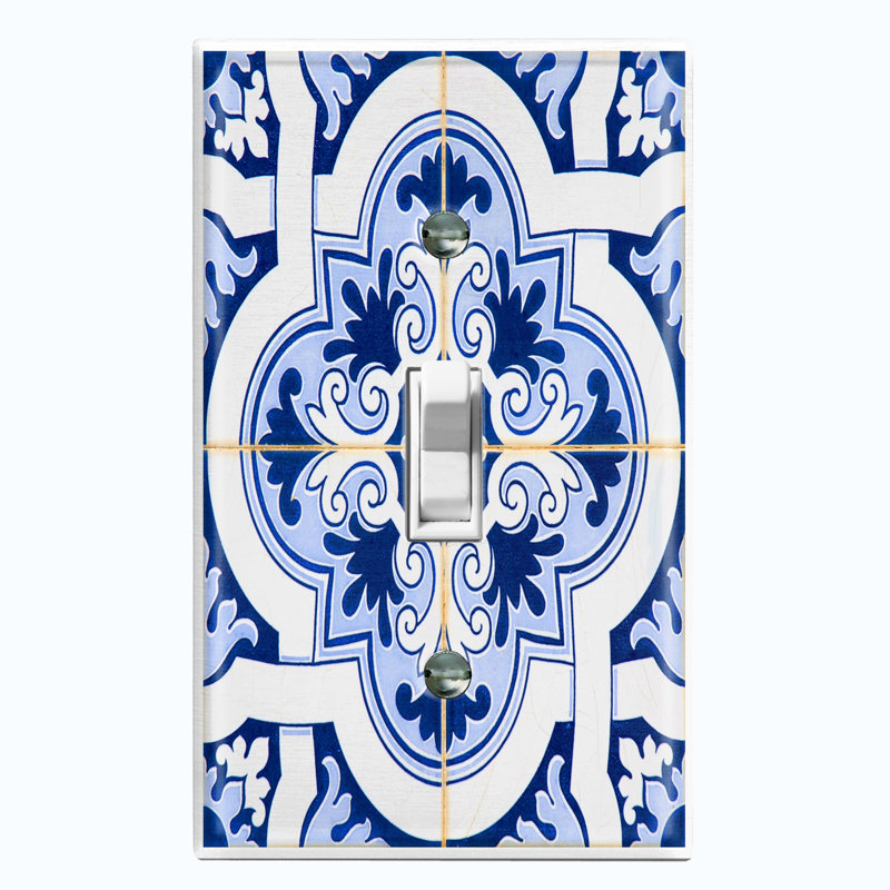 Metal Light Switch Plate Outlet Cover (Blue Teal Damask Tile Leaves White  - Single Toggle)