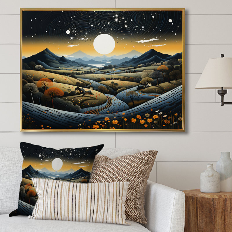 Bleu et or, paysage africain moderne V - art mural moderne sur toile, H 30 po x l 40 po x P 1,5 po, Cadre flottant doré