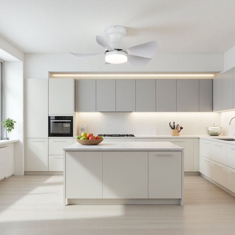 30 po Ventilateur de plafond blanc moderne avec lumière DEL à intensité variable, 5 pales ABS, moteur à courant continu et mode réversible, montage encastré