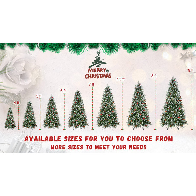 5 pi. Arbre de Noël 1131 pointes avec baies rouges et pommes de pin, branches en PE + PVC saupoudrées de neige, conception à charnières pour une installation facile, arbre de Noël artificiel sur pied en métal robuste - décoration d'arbre de Noël naturelle