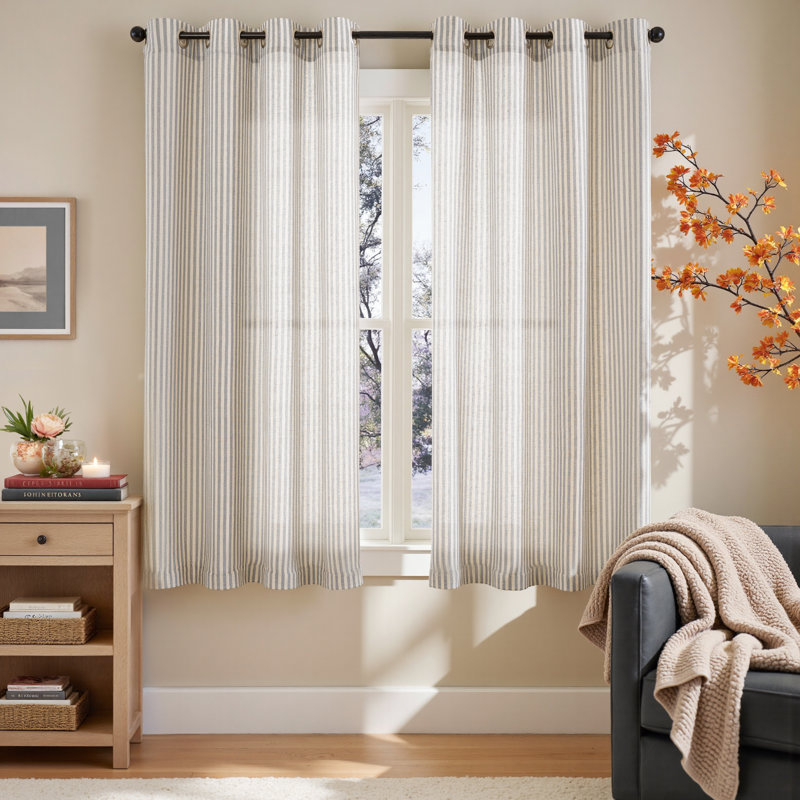 Rideaux à rayures semi-transparents en lin avec œillets, L 50 po x L 63 po, Gris