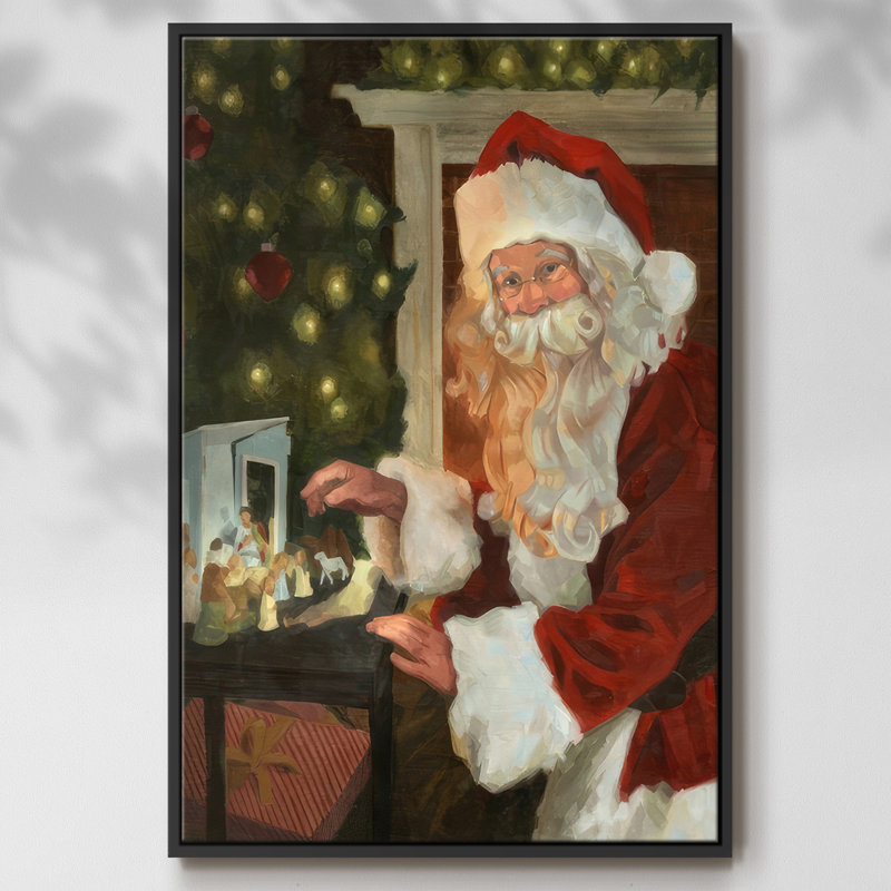 Saint Nick et la Nativité, reproduction d'art sur toile, Cadre flottant noir, H 25 po x l 17 po x P 1,5 po