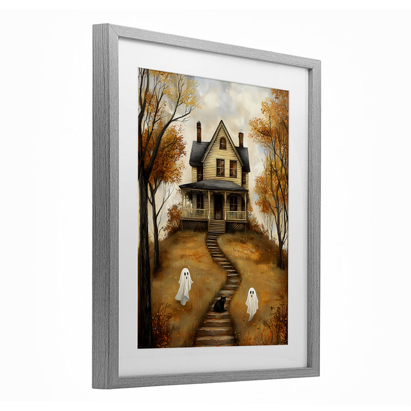 Cozy Halloween House, reproduction encadrée sous verre, design by Creative Studio, Cadre de ferme gris, 16" H x 13" W