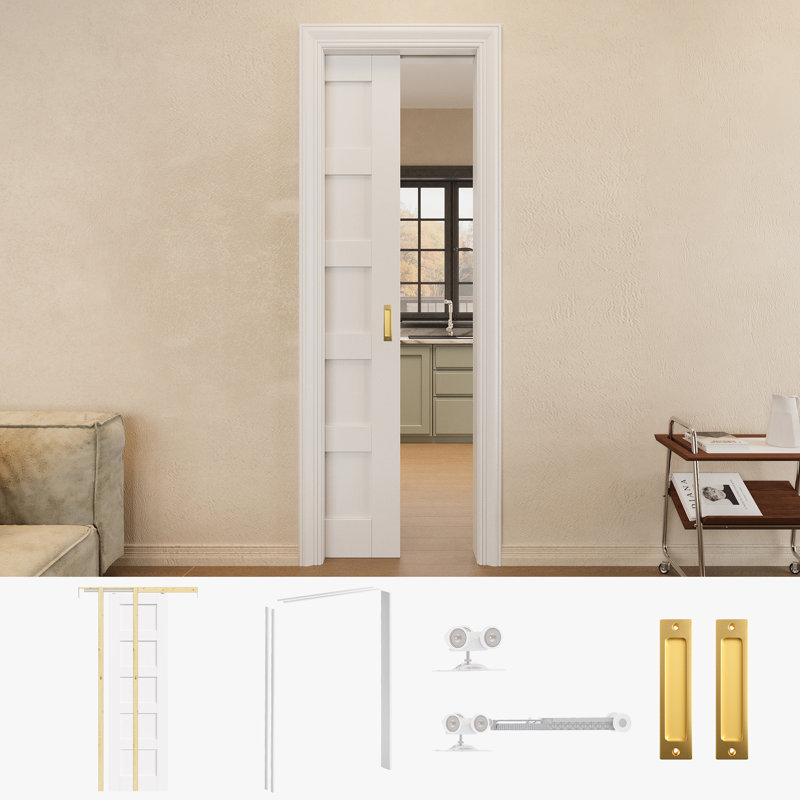 Porte coulissante compacte 24 po x 80 po à 5 panneaux avec poignées dorées et cadre de porte blanc, 24 po x 80 po