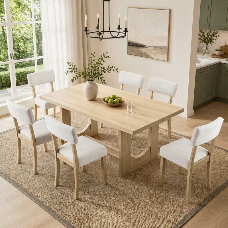 Ensemble de table de salle à manger 7 pièces pour 6 tables de 57 pouces avec 6 chaises rembourrées en lin, style japonais