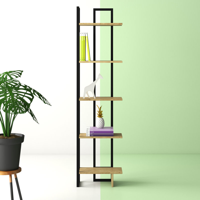 Carmen 71" H x 18" W Metal Corner Bookcase, Black/Oak