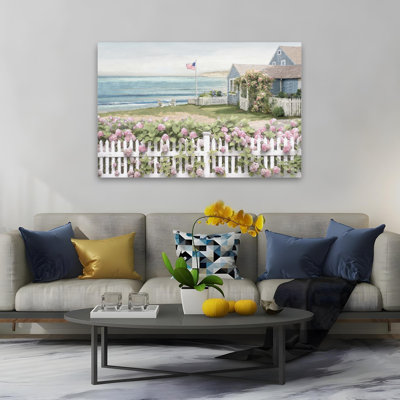 Coastal Cottage - Coastal  Modern Farmhouse Coastal Cottage Picket Fence Hydrangeas Art