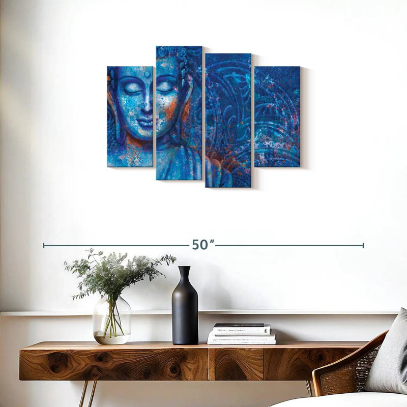 Bouddha teint en bleu Bouddha sur toile, 4 pièces, H 22 po x l 36 po x P 1 po
