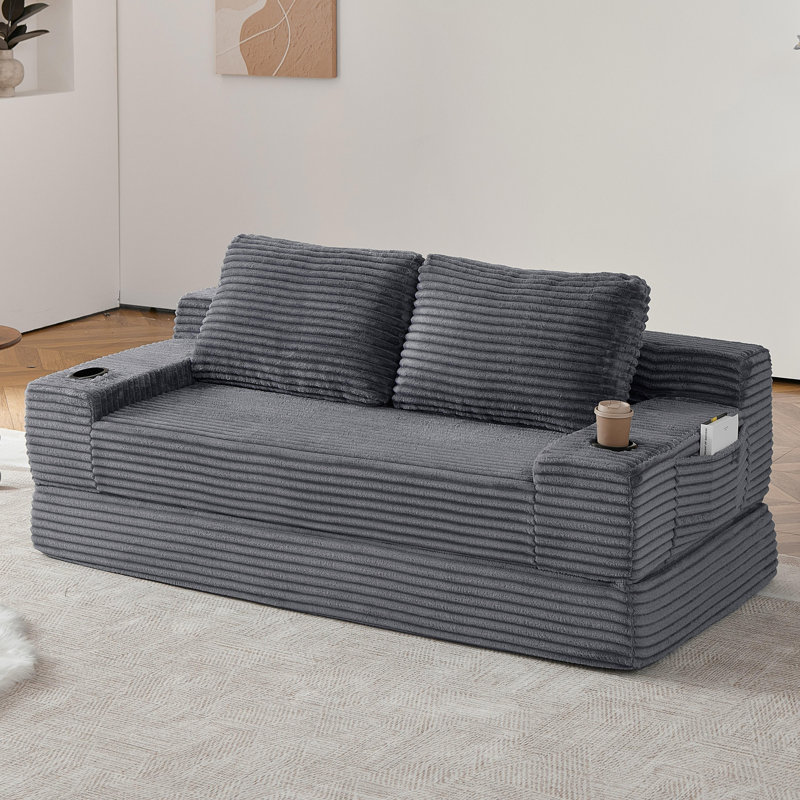 Causeuse surdimensionnée convertible en nuage avec porte-gobelets et rangement latéral 70,7 po Corduroy 2-en-1 Futon, Gris