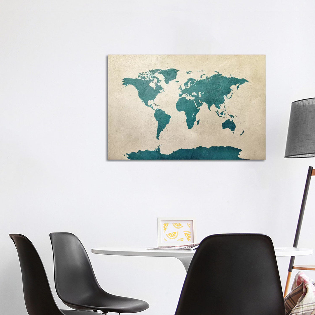 World Map Teal by Michael Tompsett - Wrapped Canvas Graphic Art