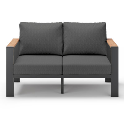 2-Person Aluminum Patio Sofa with Wood HDPS Armrest, Outdoor Loveseat with 6" Thick Cushions 