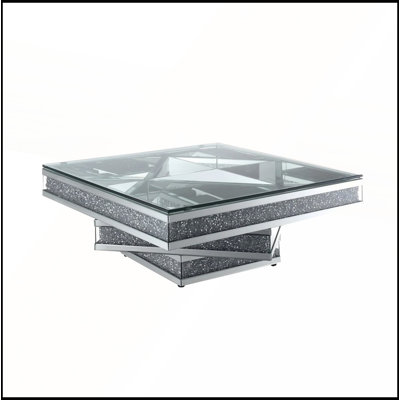 Modern Glam Mirrored Glass Coffee Table with Acrylic Diamond Inlay for Living Room