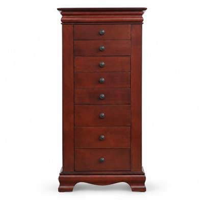Armoire à bijoux de 38,58 po de hauteur avec 8 tiroirs, finition brune rétro, armoire de rangement pour bagues, colliers et accessoires
