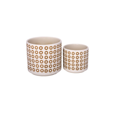 Ceramic Round Planter with Bubble Line Pattern Design Body Set Of Two  Gloss Finish Reactive White..8.00"x8.00"x7.00"H; 6.00"x6.00"x6.50"H