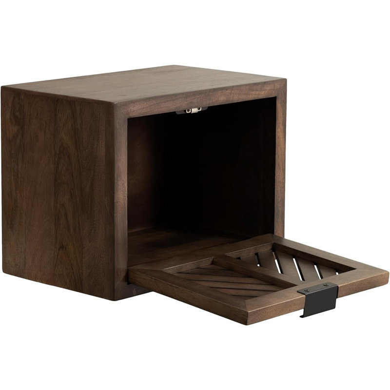 Modern Floating Shelf Side Table With Storage Cubby, Natural Wood, Decorative Slatted Wood Floating Nightstand With Pull Down Door For Use As Bathroom Storage