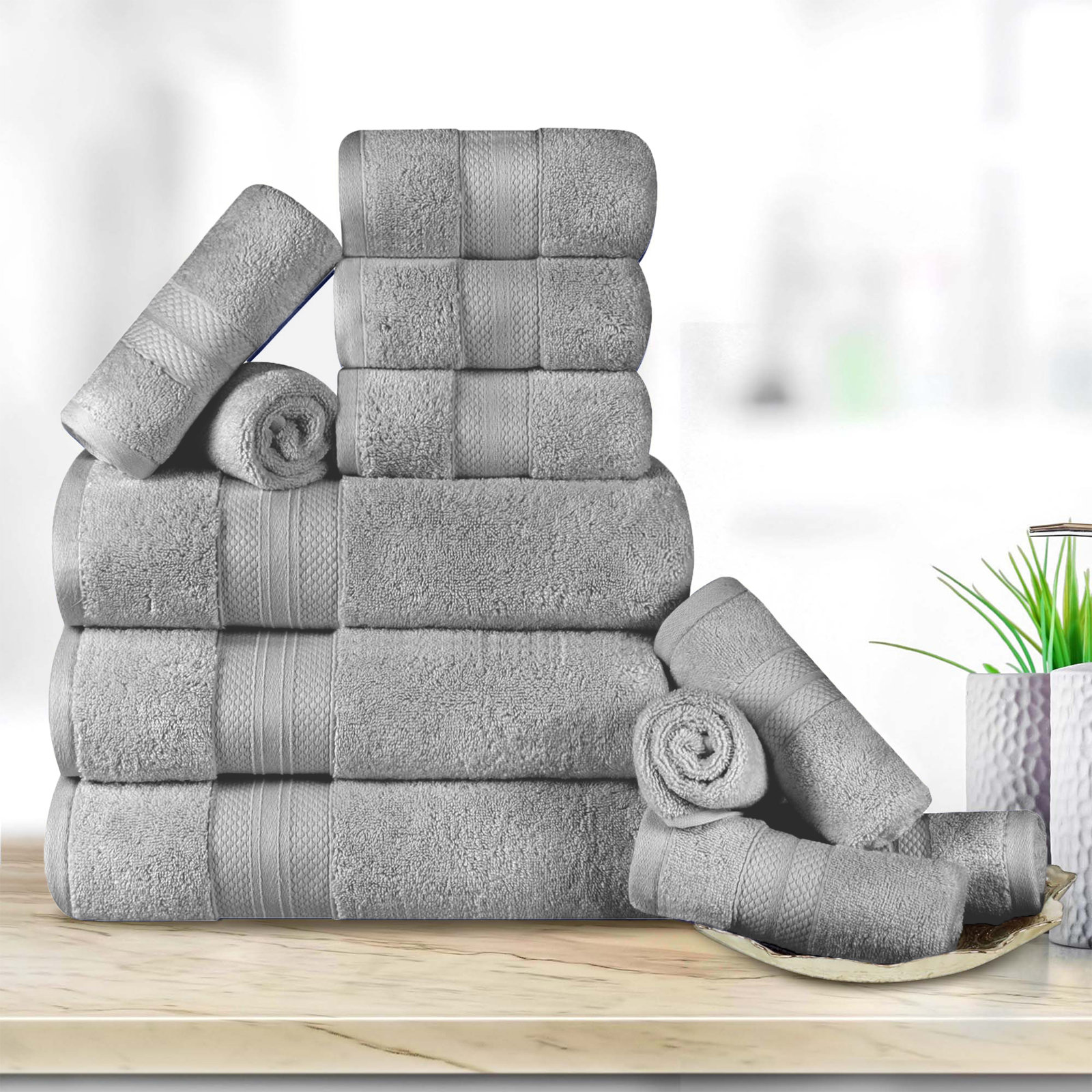 Finnian Ultra-Plush Heavyweight, 100% Turkish Towel Collection, Gray, 12 Piece Towel Set