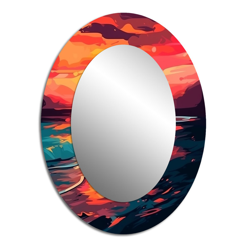 Sunset On The Beach Expressive Retro Colors I - Coastal Oval Decorative Mirror On Metal, 40" x 30"