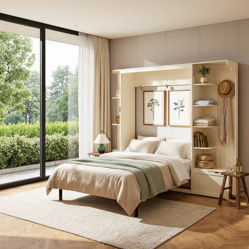 Grand lit escamotable avec rangement et lumières, tablettes intégrées, lit mural peu encombrant, White