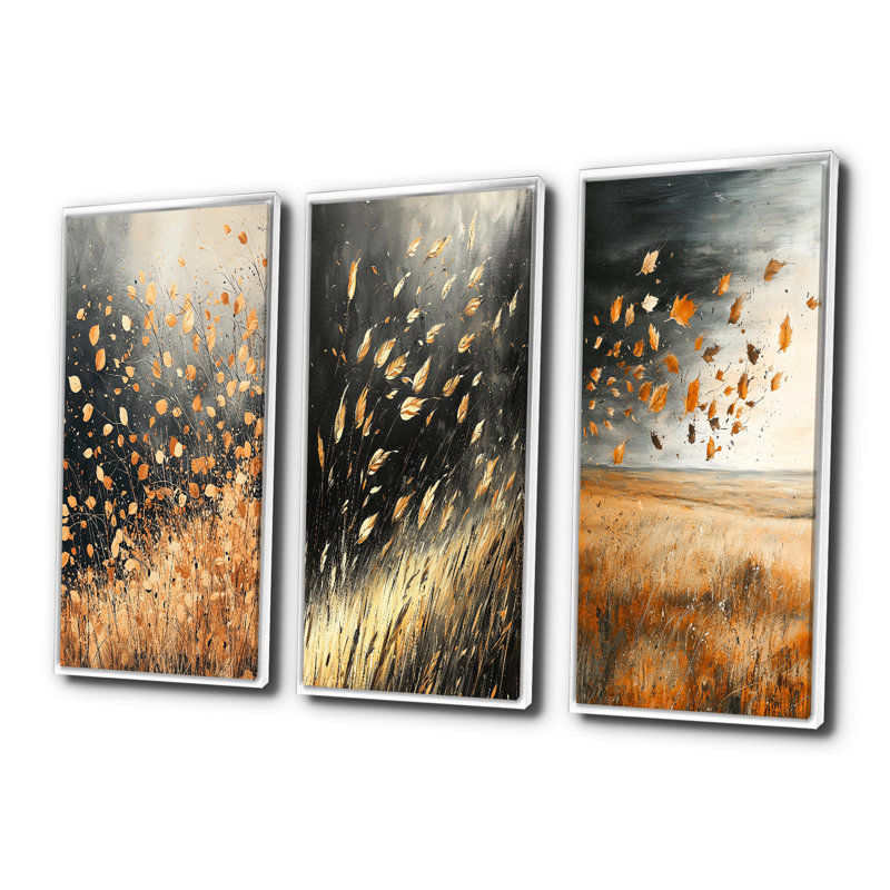 Ensemble de 3 décorations murales Windy Prairie Leaves I - Meadow, H 28 po x l 36 po, Impression encadrée flottante, Blanc