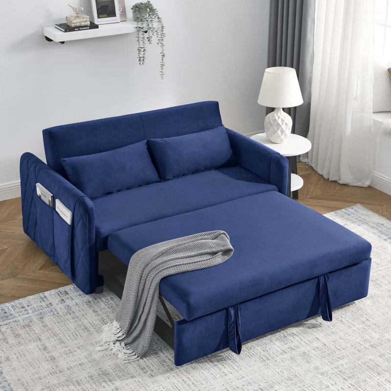 Canapé-lit convertible 55 po, causeuse en velours avec lit escamotable et 2 coussins, Bleu