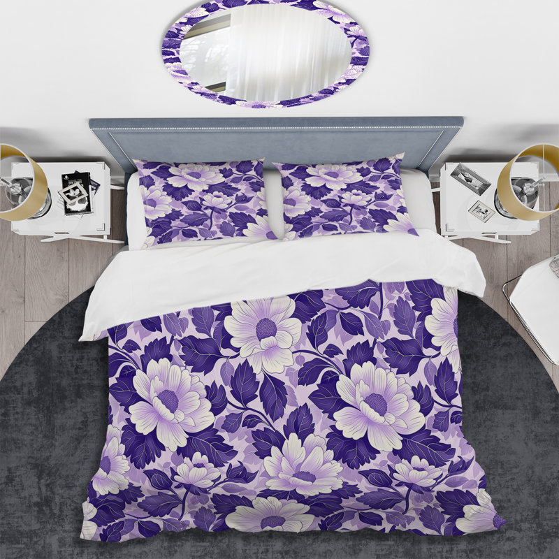 Ensemble de housse de couette mauve à fleur blanche et charme I, Housse de couette pour grand lit + 2 taies décora
