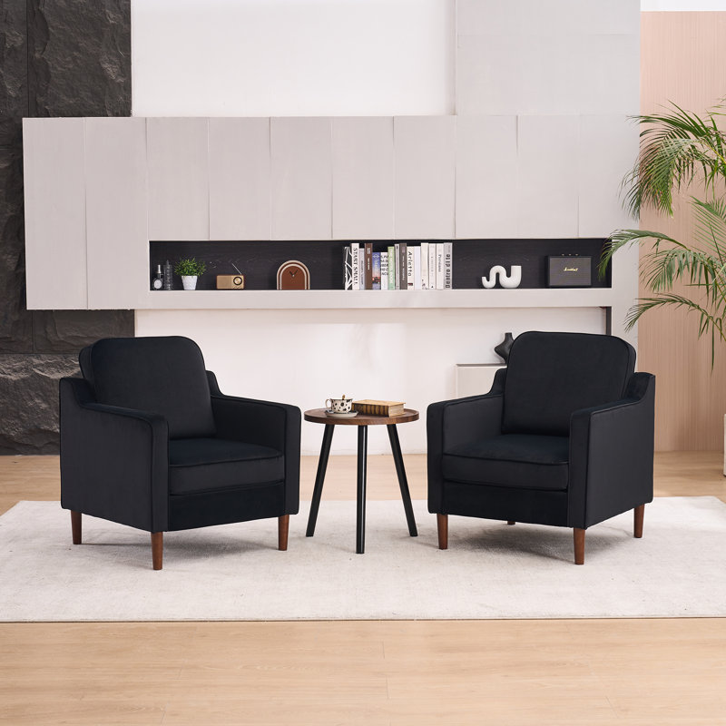 Greydy Irving Upholstered Velvet Accent Armchair With Solid Wood Leg, Black Velvet
