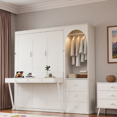 Murphy Bed with Stoarge Shelf, Desk, LED Light, Wardrobe and 3 Drawers