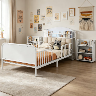 Kids Upholstered Bed Frame with LED Light and Storage Headboard, Low Profile Platform Bed with Metal Slat Support for Teen, No Box Spring Needed, Black, Twin Size