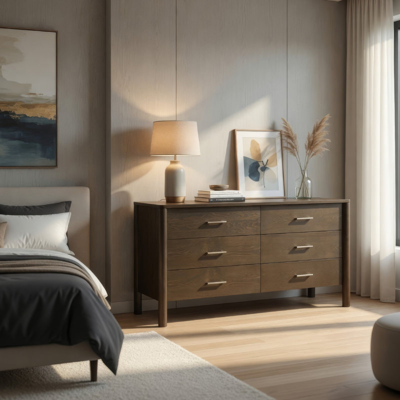 Commode large Cid Caro, 6 tiroirs, bois d'hévéa brun wengé