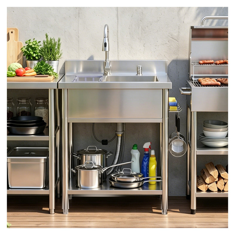 Évier utilitaire en acier inoxydable 29,5 po avec robinet, boyaux et ensemble de drain - Évier de buanderie à cuve simple autoportant pour garage, cuisine et salle de lavage