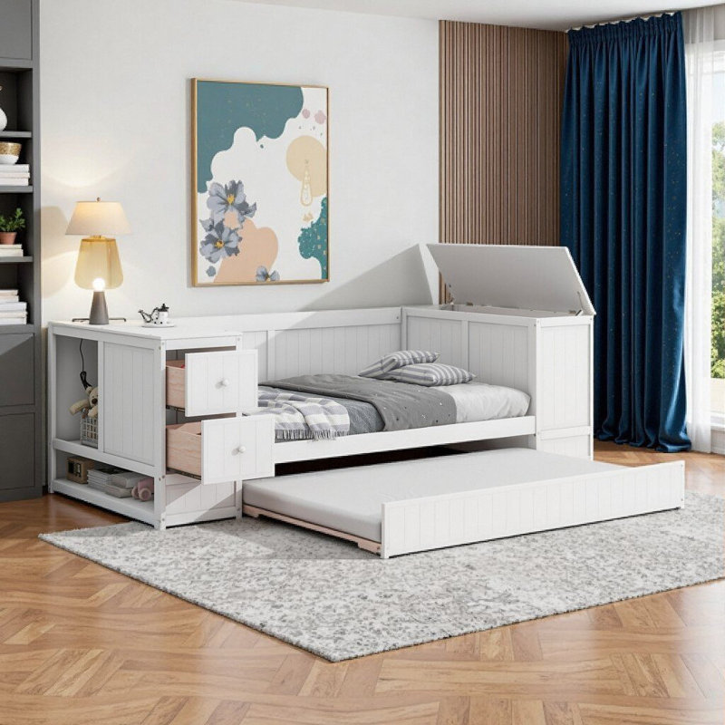 Lit de jour simple moderne blanc avec couchette, accoudoirs de rangement et station de charge intégrée, Blanc