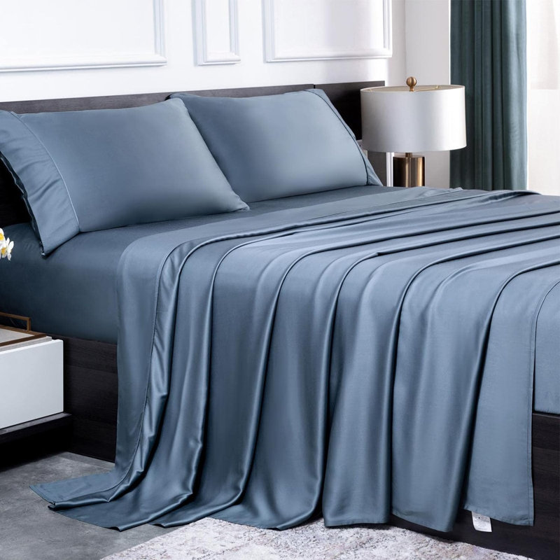 100% Rayon from Bamboo Sheet Set, 16" Deep Pocket Cooling Silky Soft Bed Sheets, Blue Gray, King Sheet Set with 2 Pillowcases
