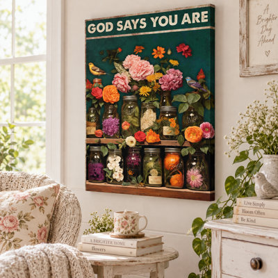« Dieu dit que tu es des fleurs dans des pots Mason » - Décoration murale sur toile tendue - Salon, chambre ou bureau