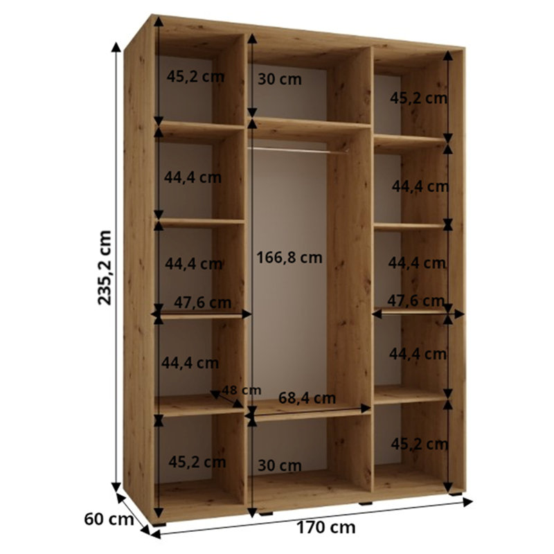 3 Door Manufactured Wood Wardrobe, Black/Natural, 235" H x 170" W x 60" D