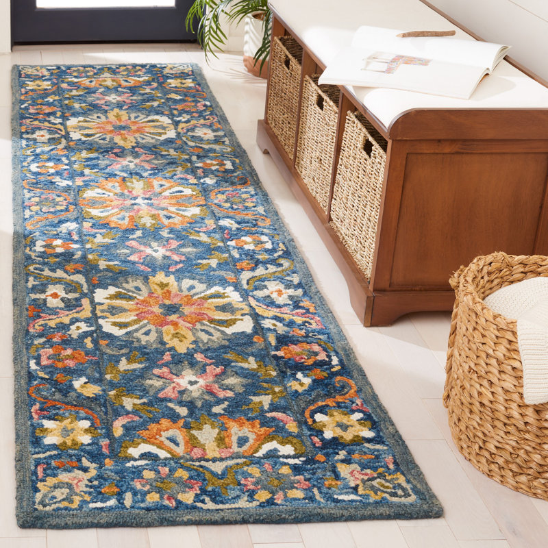 Tapis oriental en laine / coton touffeté à la main en vert / bleu / orange / jaune / rose / ivoire