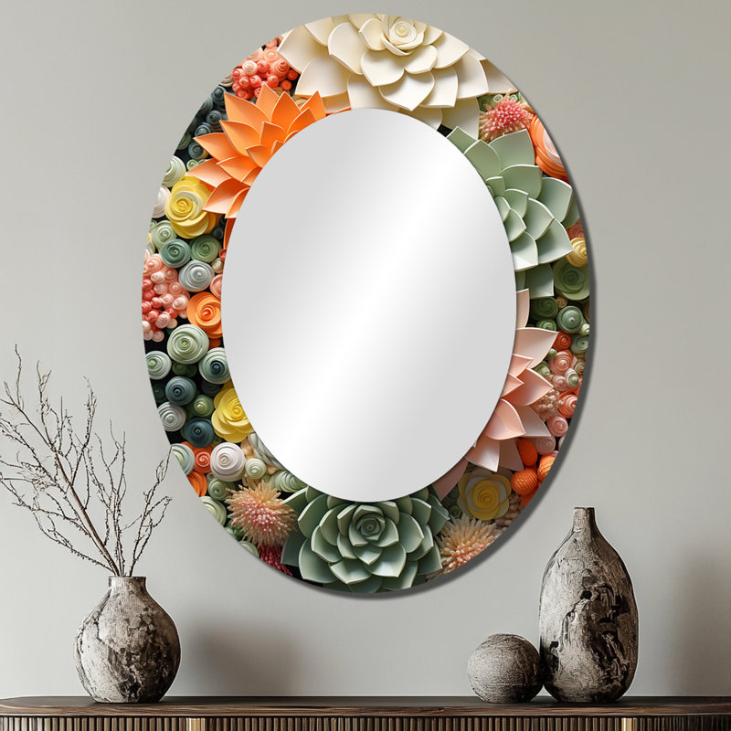 Orange orange rose plantes grasses III - miroir mural ovale traditionnel, 40 po x 30 po