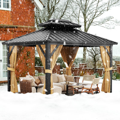Pavillon de jardin à toit rigide en aluminium 12 pi x 10 pi avec filet et rideaux pour pelouse, jardin, patio