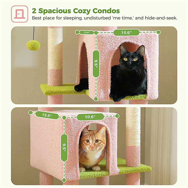Arbre à chat inférieur pour chats d'intérieur, tour pour chat à plusieurs niveaux de 62 po avec 2 condos spacieux, patin à griffer, 4 poteaux à griffer, 2 perchoirs supérieurs, 2 pompons