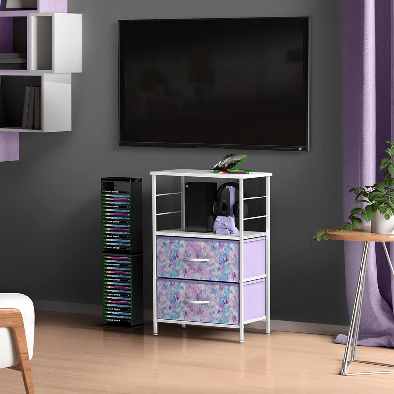 Commode à 2 tiroirs avec table de chevet Sorbus - Mobilier de chambre à coucher, commode de table de bout décorative, structure en acier, tablette et plateau en bois, bacs en tissu (mauve Tie-Dye)
