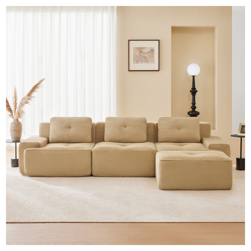Canapé modulaire en forme de L, canapé en velours côtelé 3 places avec repose-pieds mobile, H 27,1 po x l 116 po x P 40,9 po