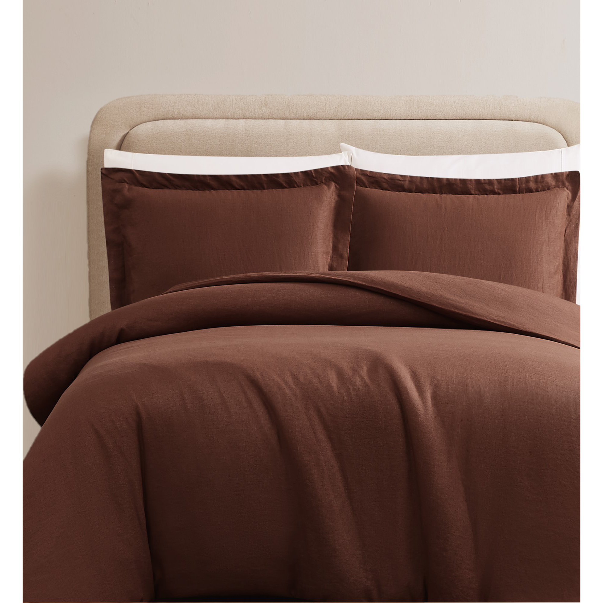 Nena 100% Linen Percale Duvet Cover Set, Full/Queen Duvet Cover + 2 Standard Shams, Brown