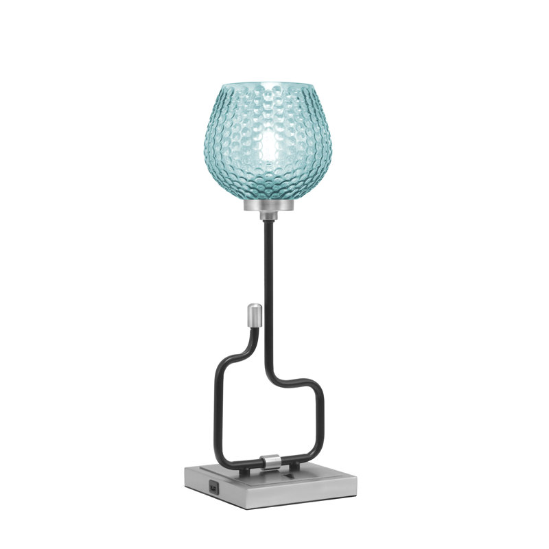 Lampe décorative Amarmula, avec ports USB, noir mat et finition graphite, verre texturé turquoise de 6 po, Argent argent