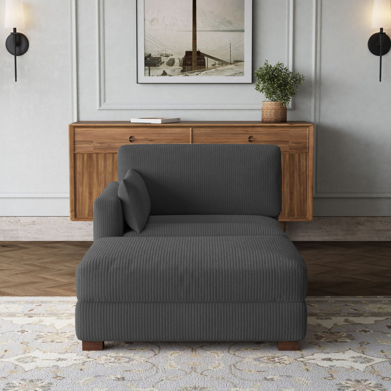 Chaise longue modulaire rembourrée en velours côtelé avec accoudoirs et coussins Bentura, Gris, Orienté à gauche (vu de face)
