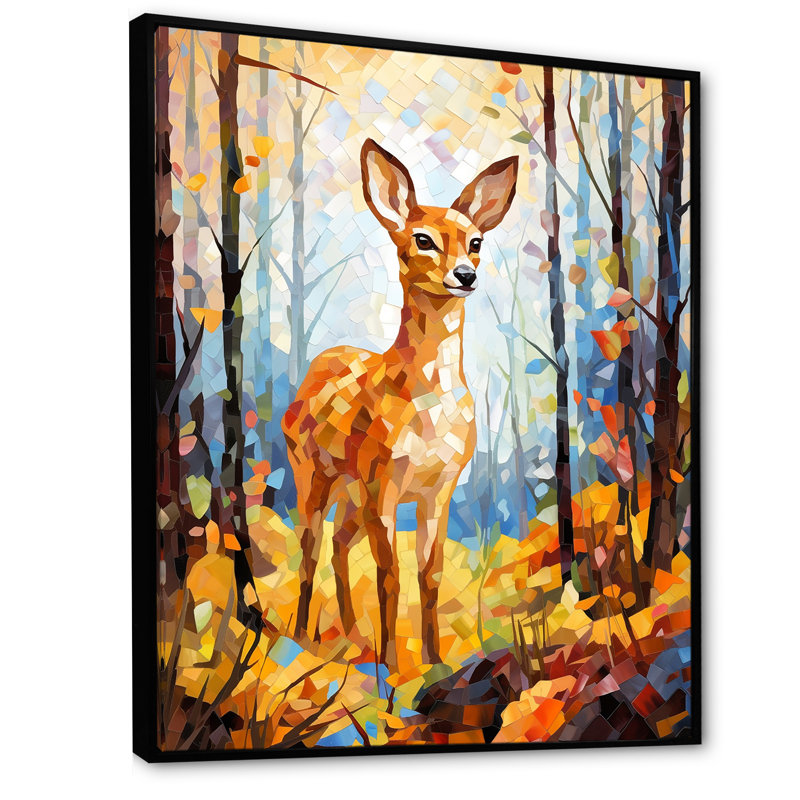 «Deer Mosaic Forest Wildlife», reproduction sur toile, Cadre flottant noir, H 32 po x l 24 po x P 1 po