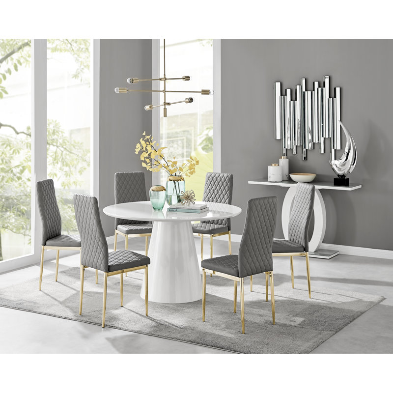 Edward Statement Pedestal Dining Table Set with 6 Luxury Faux Leather Upholstered Dining Chairs, Gray/Gold, White