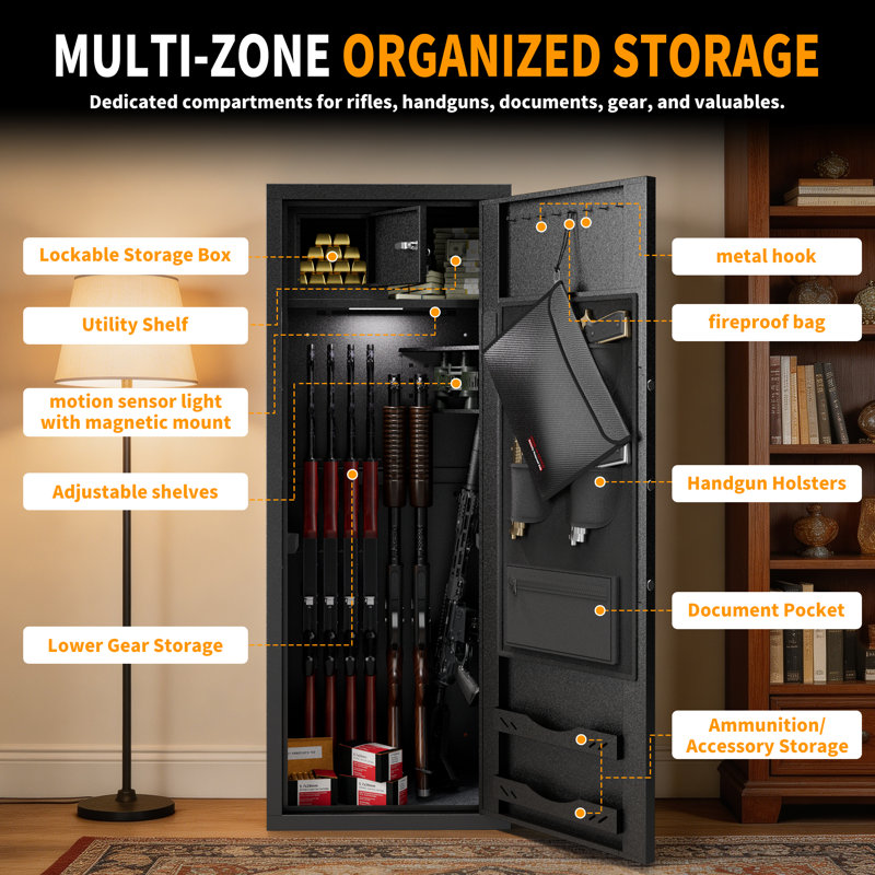 Coffre-fort pour 12 armes (fusils et pistolets), serrure biométrique à empreinte digitale et clavier, modes alarme et silencieux, 145 cm (H) x 55 cm (L) x 40 cm (P), noir